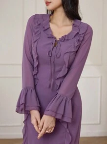 Modelyn Women's Flare Sleeve Chiffon Ruffle Hem Fitted Dress Long Evening Dresses - Purple - View 4