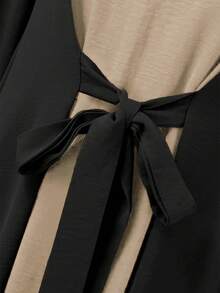 New Casual Style Round Neck Color Blocked Front Middle Strap A Swing Elastic Cuffs Long Sleeved Dress,Modest - Multicolor - View 3