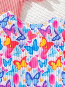 SHEIN 2pcs/Set Girls Casual Butterfly Print Round Neck Double Layer Ruffle Sleeve Knit Dress