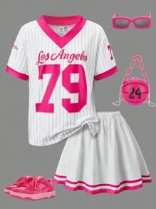 SHEIN ChillGRL Tween Girls 2 Pieces Set: Striped & Graphic Print T-Shirt And Sports Skirt, Collegiate Style, Spring/Summer Summer Holiday - Hot Pink - View 1