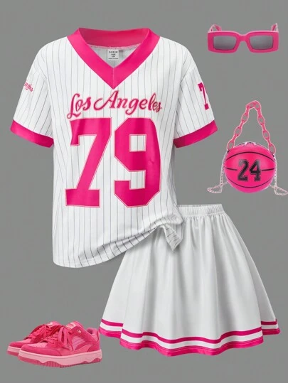 SHEIN ChillGRL Tween Girls Set van 2: Gestreept en grafisch T-shirt en sportrok, collegiale stijl, lente/zomer