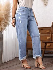 EMERY ROSE Jeans de mezclilla casual de mujer con dobladillo desgastado y lavado - Lavado ligero - Ver 4