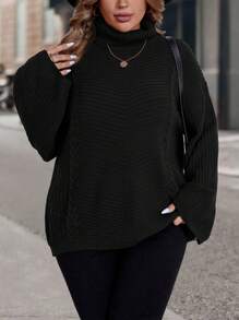 SHEIN LUNE 大码休闲宽松高领针织毛衣套头衫，采用精致的凸起针织纹理，打造休闲外观。派对、音乐节、家居服、返校活动、送礼和购物。冬装、乡村上衣、秋季毛衣