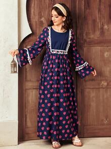 SHEIN Teen Girls Navy Blue Rose Woven Print Patchwork, Flared Sleeves, Tassel Belt Casual Dress, Ramadan, National Day, Eid Al-Fitr, Eid Al-Adha - Royal Blue - View 5