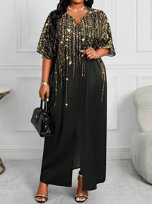 SHEIN Lady Spring And Summer Autumn And Winter Elegant Black Woven Notched Wrap Straight Cloak Sleeve Kaftan Dress Long Plus Size Dresses