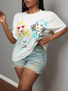 Slaydiva Plus Size Summer 2025 New Style Casual White Short Sleeve All-Match Versatile Abstract Line Pattern Printed T-Shirt