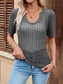 EMERY ROSE Suéter de punto gris de manga corta y escote en V casual para mujer, versátil para primavera/verano