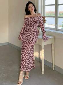 DAZY Valentine's Day Ditsy Floral Allover Print Flare Sleeve Mesh Bodycon Fishtail Wrap Shoulder Dress,Ruffle Off Shoulder Top