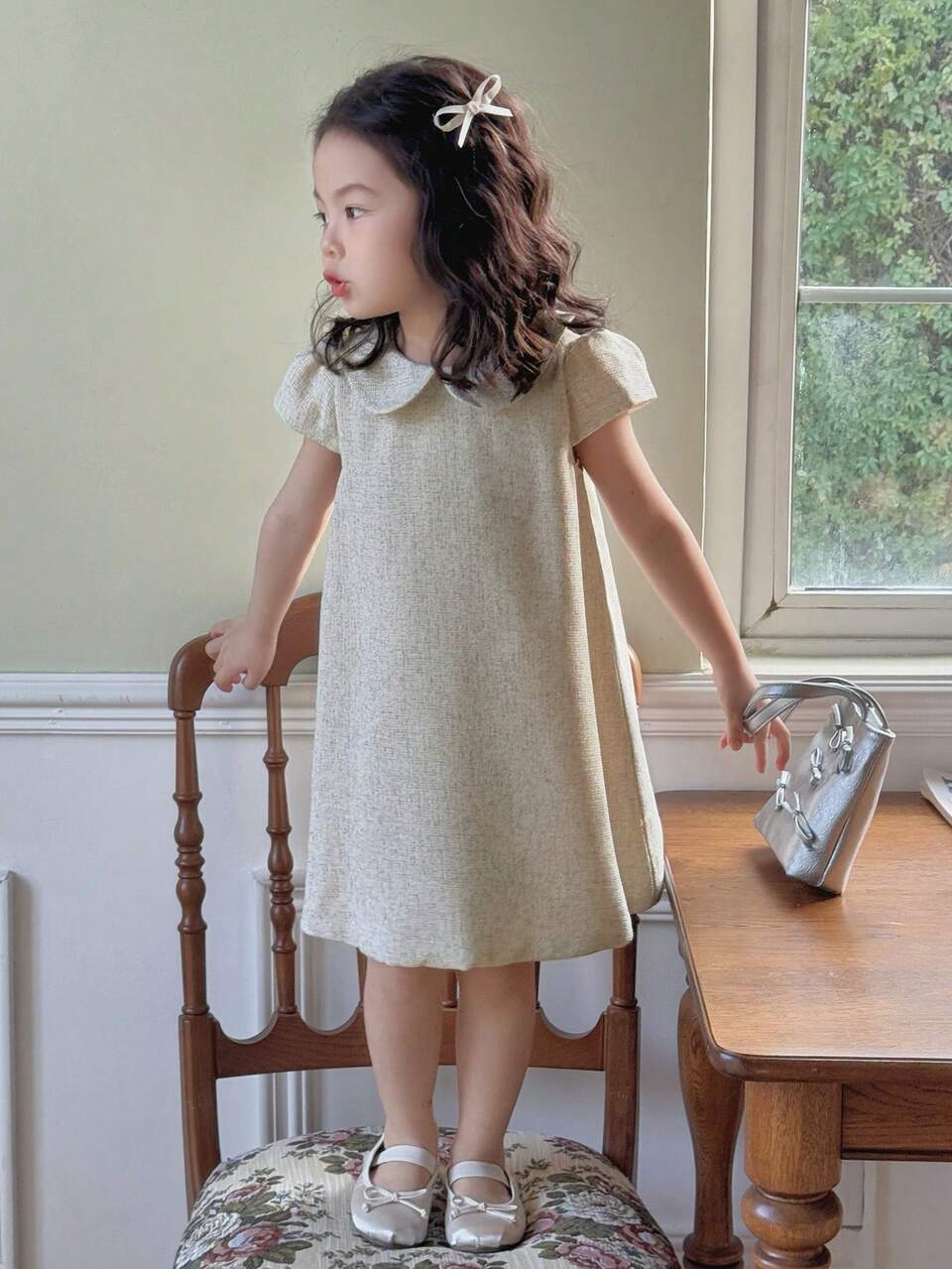 Young Girl Fall Clothes Peter Pan Collar Short Sleeve Woven Spring Summer Young Girls Dress