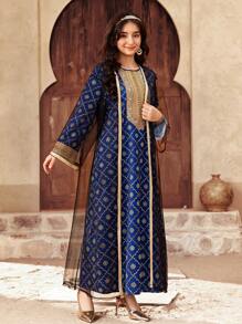 SHEIN Teen Girl Black & Gold Elegant Luxury Long Dress With Gold Ribbon & Mesh Cardigan 2 Pieces Set - Black - View 3