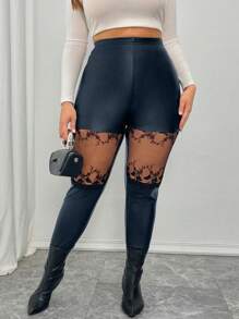 SHEIN Unity Plus Size Lace Patchwork Elastic Casual Slim Fit Leggings - Navy Blue - View 3