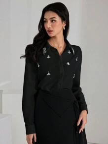 Heiryn Blusa elegante de mujer decorada con rhinestones para otoño