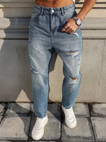 Manfinity Roughcore Men's Simple Front Button Pocket Ripped Casual Denim Jeans, For Everyday Wear, Emo Style - Medium Wash - View 8