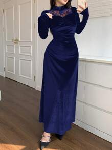 Modelyn 女士纯色蕾丝拼接长袖优雅长裙夜场派对保暖长款晚礼服 - 藏蓝色 - 查看 5