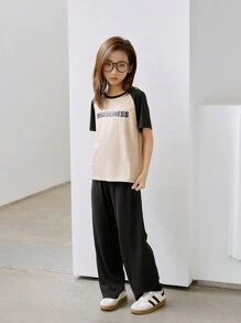 SHEIN Tween Girls' Casual Minimalist Daily Sports & Home Elastic Waist Solid Color Loose Fit Thermal Lined Wide Leg Pants For Autumn/Winter - Black - View 4