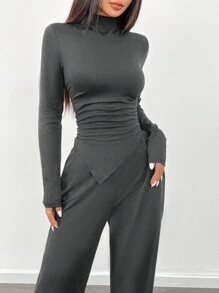 RosyDaze Set van 2 stuks: Asymmetrisch T-shirt met lange mouwen en gerimpelde zoom en wijde broek