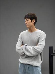 Manfinity CasualKnits Men's Casual Solid Color Round Neck Drop Shoulder Sweater, Autumn/Winter - Grey - View 5