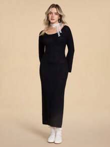 ROMWE Kawaii Pure Lace Backless Bowknot Decor Split Hem Sweater Dress - Black - View 3