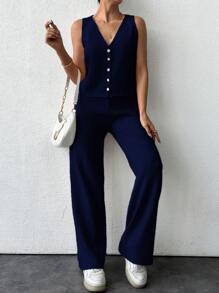 EURMUSE 2pcs Knit Vest Set, Casual Daily Wear, Minimalist Style - Navy Blue - View 4