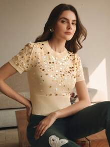 Anewsta 闪亮星空圆领修身毛绒针织衫T恤，情人节、夏季、新年、节日金色女式上衣，优雅女式上衣，女士短袖上衣 - 米色 - 查看 3