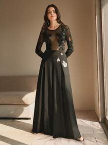 Anewsta Women's Wide Leg Pants With Handcrafted Rhinestone Decor, Black, Loose, Draped, Floor-Length, Modest Fashion - Black - View 6