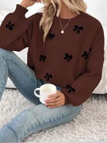 SHEIN Unity Sweater Pullover Kasual Motif Pita Lucu dan Modis Warna Cokelat Tua untuk Musim Gugur/Dingin 2023, Cocok untuk Tahun Baru, Sekolah, dan Musim Gugur, Cocok untuk Blogger Eropa & Amerika. - Rust Brown - View 7