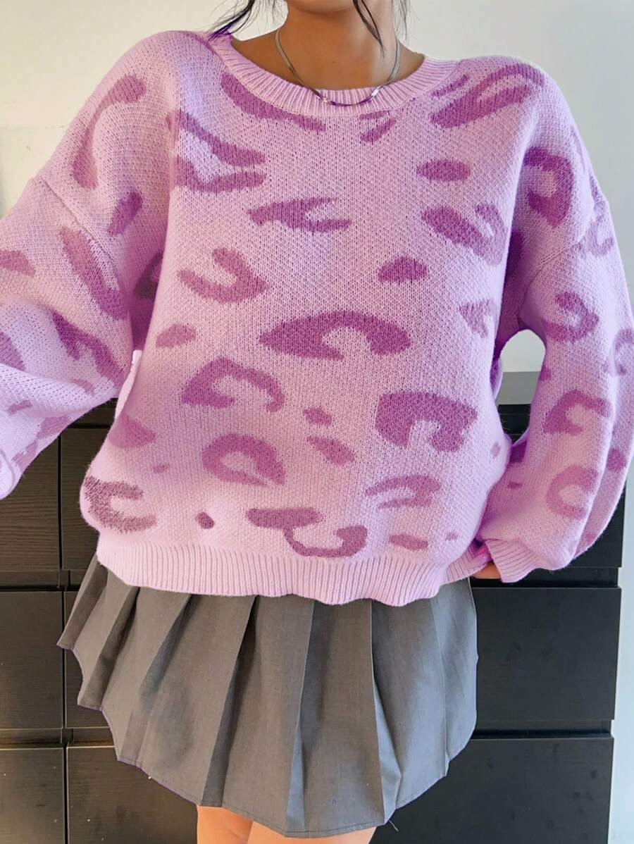 Flirla Plus Size Leopard Pattern Loose Knitted Dropped Shoulder Long Sleeve Crew Neck Sweater, Autumn/Winter Fall - Red Violet - View 1