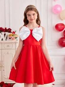 1pc Tween Girls Red Large Bow Decor Spaghetti Strap A-Line Dress, Suitable For Birthday, Party, Event, Spring/Summer - Red - View 4
