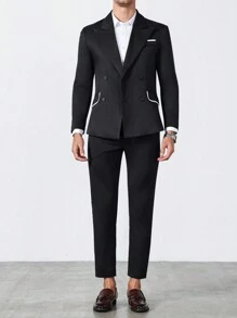 Manfinity Bizformal Completo casual da uomo in tinta unita con patchwork, giacca a maniche lunghe con bottoni davanti e pantaloni, abito da uomo, outfit da matrimonio per uomo, abito formale da uomo