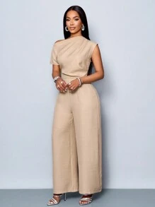 SOLERSUN 四季女装通勤优雅日间外出休闲简约杏色露肩不对称领口肩部褶皱短袖阔腿连体裤