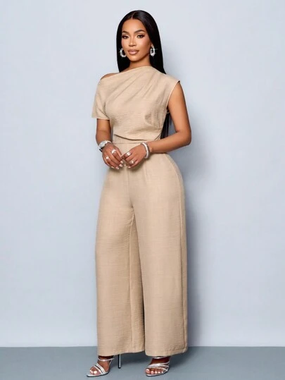 SOLERSUN Four Seasons Women's Wear Commuting Elegance Daytime Outing Casual Simple Apricot Off-Shoulder Asymmetrical Neckline Shoulder Pleats Short Sleeve Wide Leg Jumpsuit