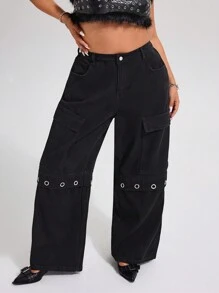 SHEIN ICON 大码女装金属装饰街头风格阔腿牛仔裤 - 黑色 - 查看 1