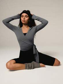 SHEIN X Scot Louie Athîral Áo cánh dài tay buộc dây màu trơn ôm vừa vặn cho nữ, mặc thường ngày & thường ngày - Màu xám đen - Xem 3