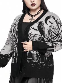 ROMWE Goth 哥特式恐怖乌鸦、蝙蝠、月亮、墓碑和树枝印花宽松拼色开衫，加大码，适合冬季 - 黑色 - 查看 4