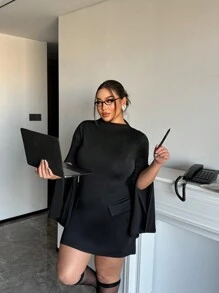 SHEIN Essnce Vestido midi de manga larga y hombros descubiertos con corte ceñido en talla grande, para primavera/verano