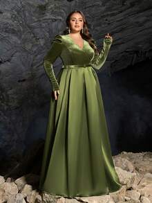 Faeriesty Plus Surplice Neck Belted Satin Formal Dress - Olive Green - View 5