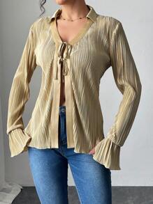 SHEIN Unity V-Neck Long Sleeve Tie-Front Pleated Loose Blouse For Women - Khaki - View 6