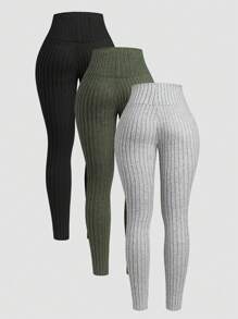 INAWLY Set Legging Wanita Polos Bergaris untuk Musim Gugur - MultiWarna - View 2