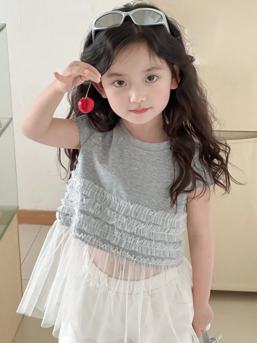 Dazy Kids 少女拼色圆领短袖休闲T恤，女孩夏季服装