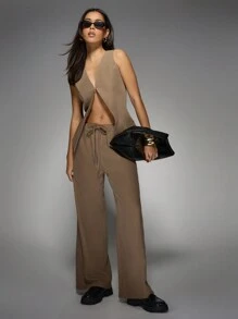 MISSGUIDED Elegant tweedelig vest Coord Set broek met wijde pijpen Pak Modern uitgesneden ontwerp Mouwloos kantoor Business Party avondkleding