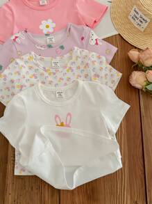 4pcs Baby Girls Cute Cartoon Striped Short Sleeve Knit Tops Set, Summer Graphic - Multicolor - View 5