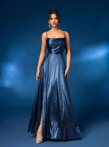 Glamrae Vestido Longo Elegante e Luxuoso Sem Costas com Amarração e Fenda Alta, Adequado para Formatura, Festa, Eventos Formais, Vestido de Convidada de Casamento, Vestido de Festa - Azul Royal - Visão 5