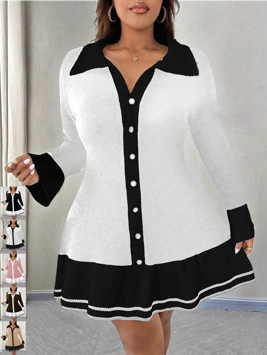 SHEIN Unity Vestido de punto con contraste de color, bajo con volantes y decoración de botones para mujer de talla grande, vestido de suéter elegante para otoño e invierno - Blanco - Ver 1