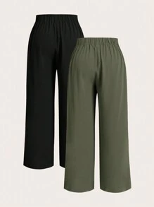 Elaquor 2 Pcs/Set Plus Size Women's Solid Color Pleated Wide Leg Casual Pants, Trousers, Button, Zipper Elastic Back Waist Office For Women Spring Fall - Olive Green - View 3