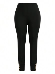 Mulvari Leggings slim fit de couleur unie grande taille, pour un usage casual quotidien - Noir - Voir 4