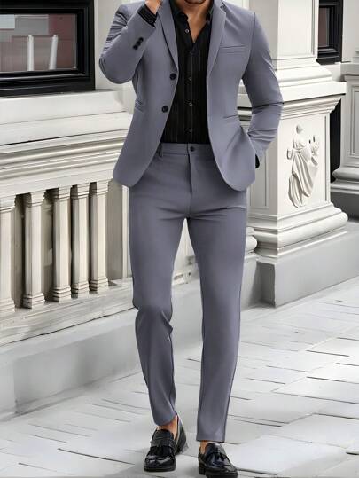 Manfinity Mode 大码男士纯色翻领长袖夹克和裤子正式商务西装套装，秋季