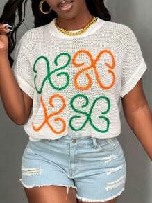 BamGleam New White Crewneck Sweater Vest, Handmade Embroidery Chunky Knit Hollow-Out Colorblock Loose Casual Women Sweater Vest - White - View 6