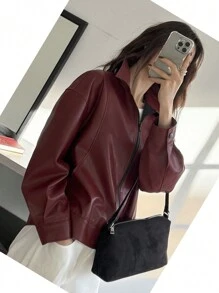 DAZY 宽松男友风立领拉链长袖机车夹克，秋季女装外套 - 酒紅色 - 查看 3