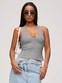 SHEIN BASICS Casual Solid Color Knit Halter Top For Women - Grey - View 3
