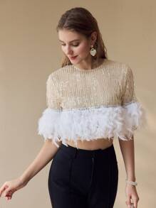 MOTF PREMIUM SEQUIN CONTRAST FAUX FEATHER CROP TOP - Multicolor - View 4